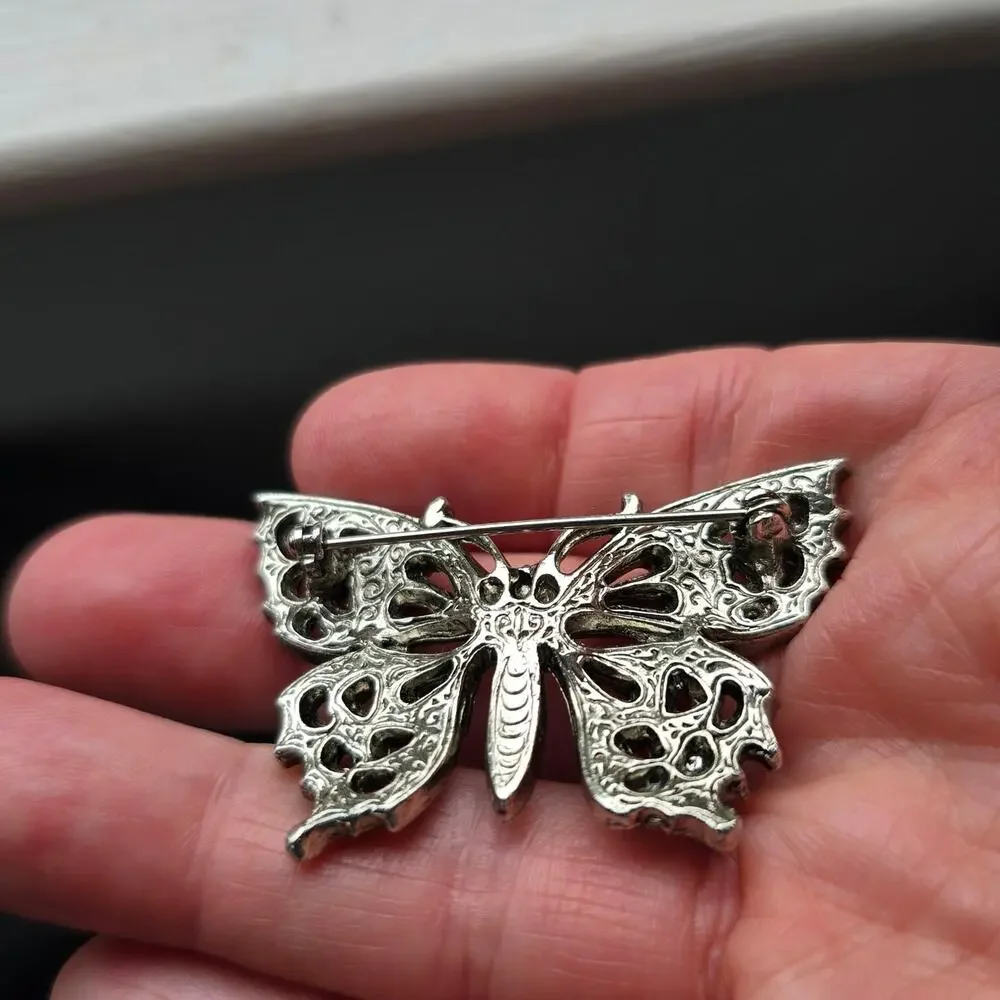 Vintage Butterfly Brooch Green Purple Rhinestone Faux Marcasite Cabochon Belly